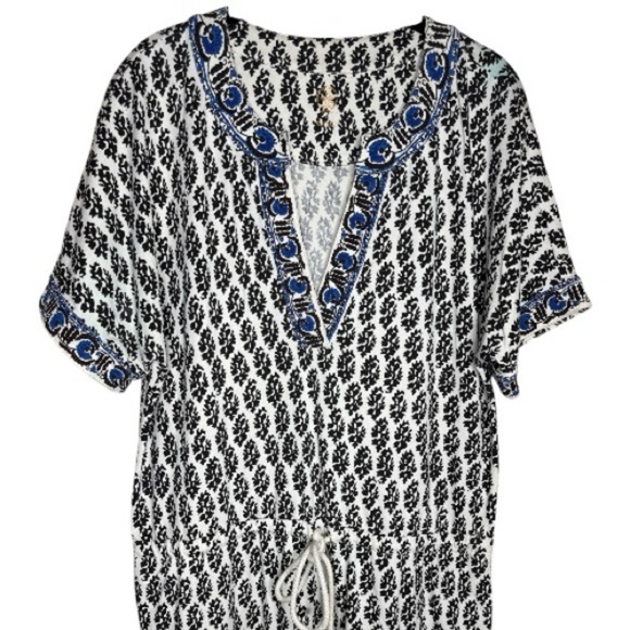 Tory Burch Amara Short Sleeve Graphic Print Cotton Dress Ivory Guru Medium - Picture 3 of 13